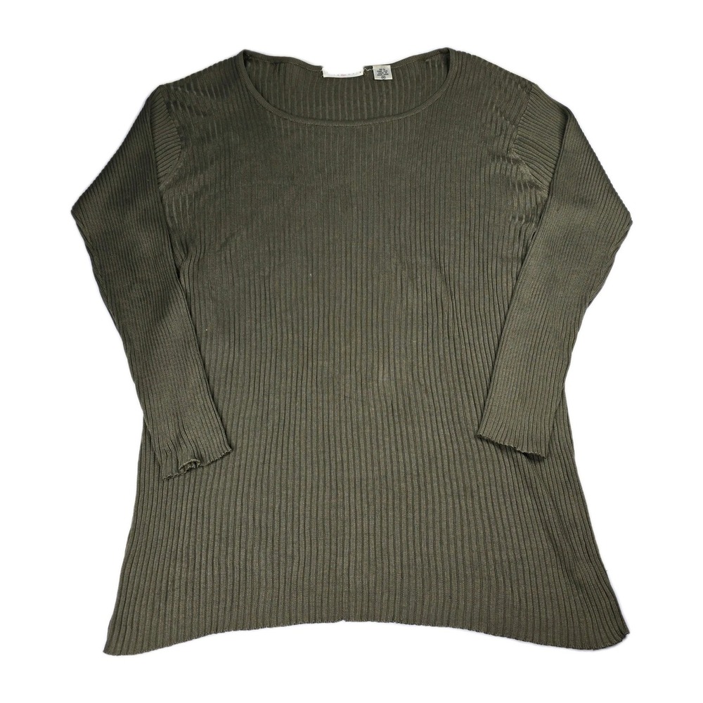 TSE Cashmere Silk Olive Green Ribbed Knit Long Sleeve Top Womens Size Medium